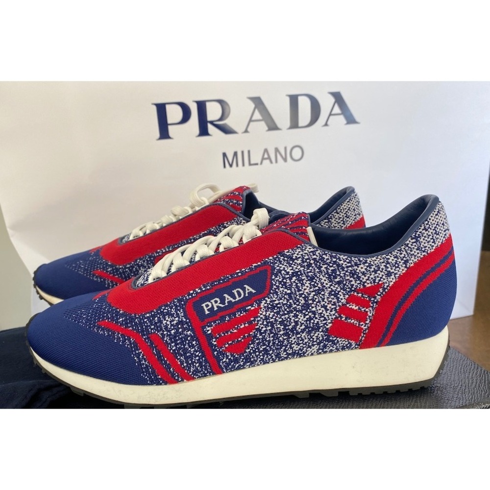 PRADA 2EG272 RED BLUE FABRIC TRAINERS KNIT LOGO LACE UP SNEAKERS UK 7